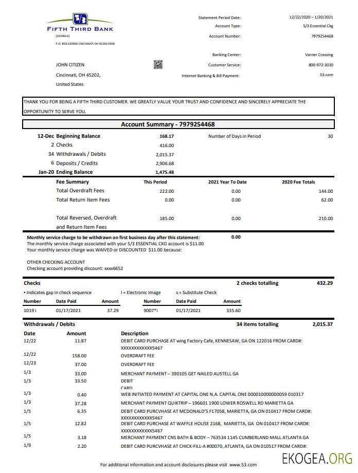 Modèle de relevé de la cinquième troisième banque des États Unis facile à remplir au format de fichier .xls et .pdf